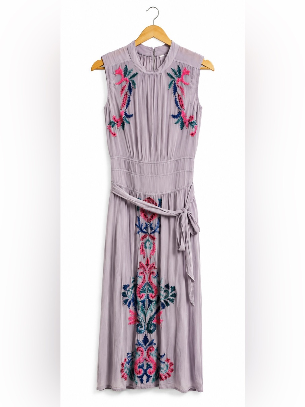 Anthropologie Embroidered Midi Dress Tie Waist Gray Lavender US 0 - Picture 2 of 10